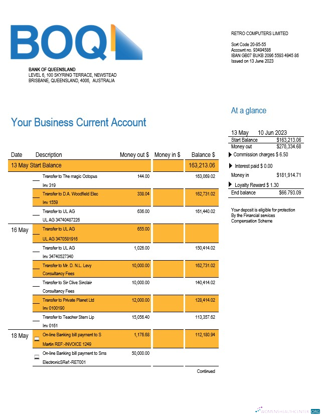 Download BANK of Queensland business checking account statement Word and PDF template Photoshop template